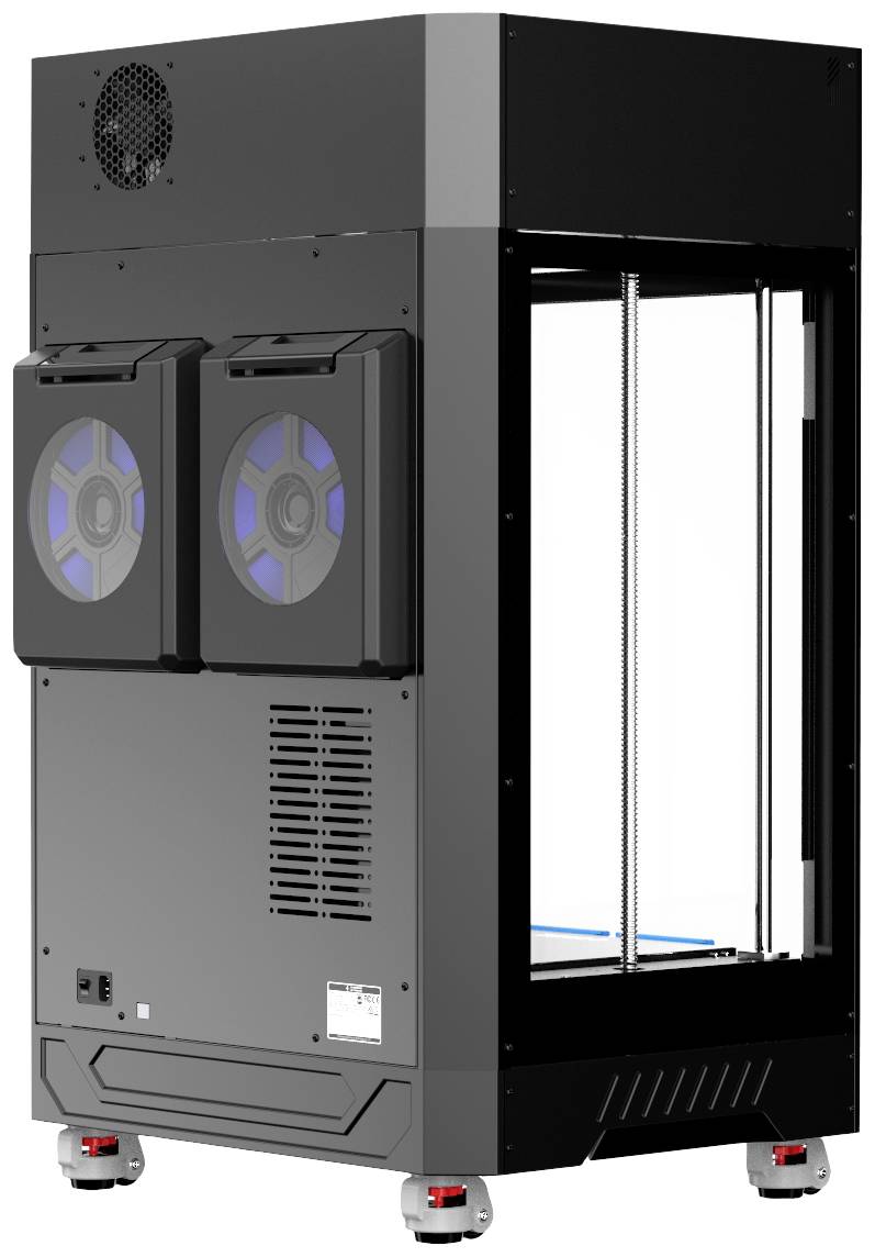 Ein großer, grauer 3D-Drucker mit Lüftern auf der Rückseite und transparenten Seiten, steht auf Rollen für einfache Beweglichkeit.