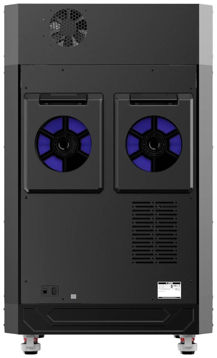 Schwarzer Kühlschrank von hinten, zeigt zwei Ventilatoren in der Mitte und Lüftungsschlitze unten rechts auf der Rückseite.