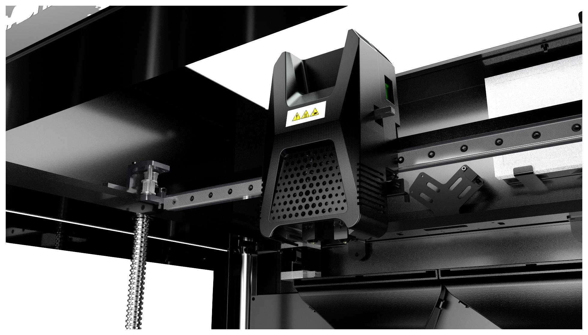 Laser-Modul an einem 3D-Drucker befestigt. Die Maschine zeigt Warnsymbole für Laserstrahlung.