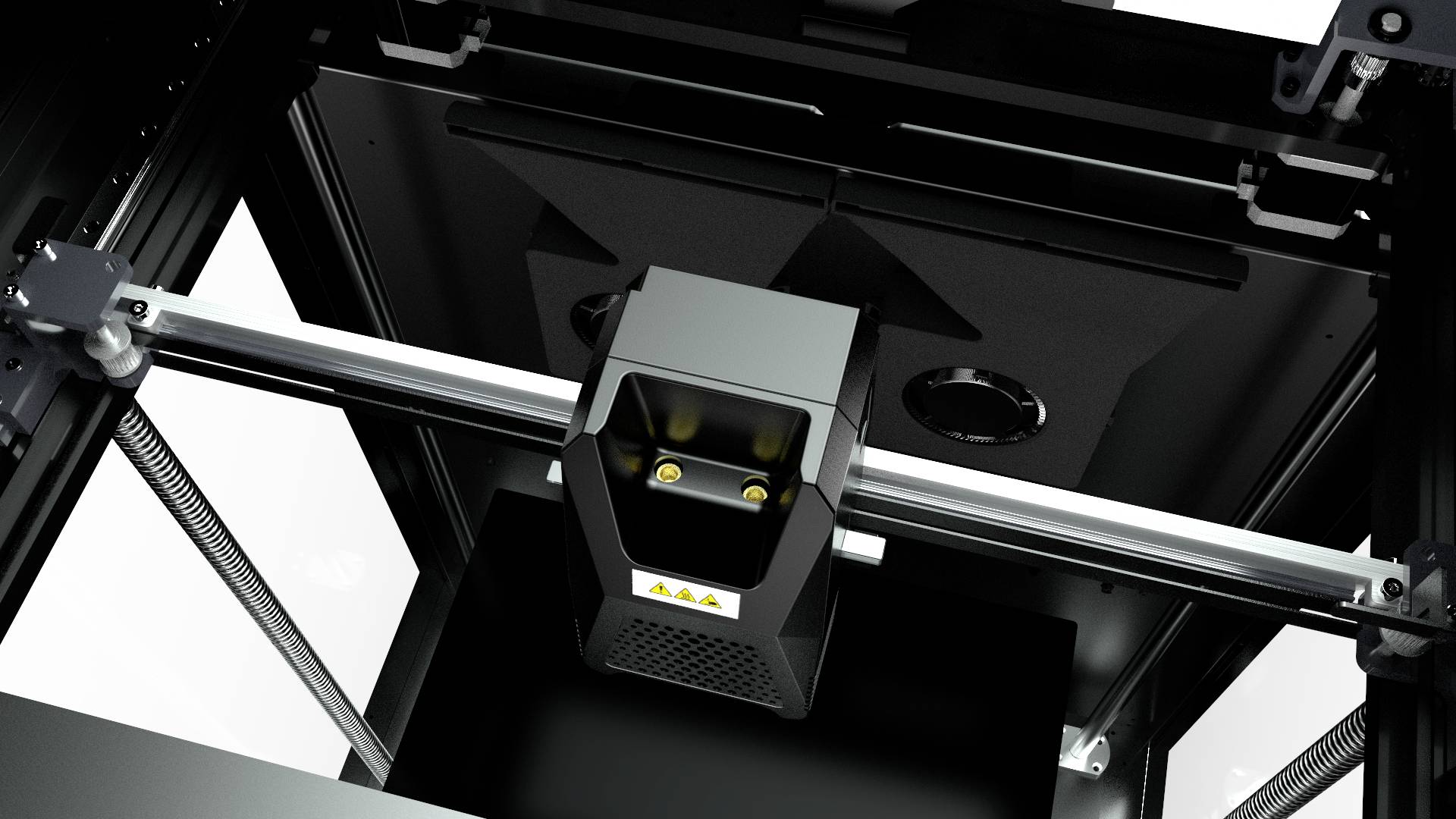 Blick von oben auf einen 3D-Drucker in Betrieb, mit beweglichem Druckkopf in einem geschlossenen Gehäuse.