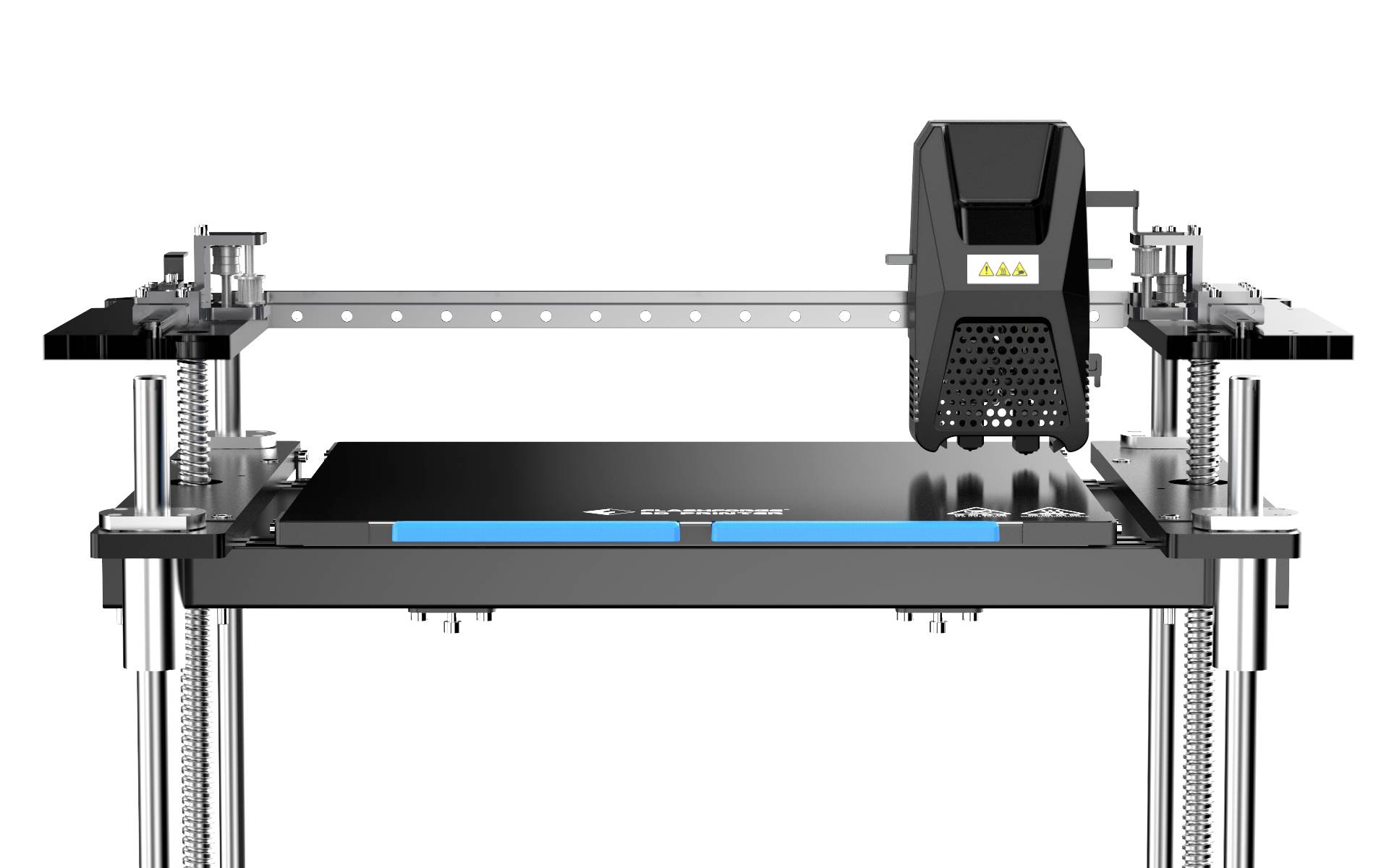 Ein 3D-Drucker mit Metallrahmen und schwarzem Druckkopf, auf einer glatten Fläche platziert. Der Druckkopf ist in der Mitte positioniert.