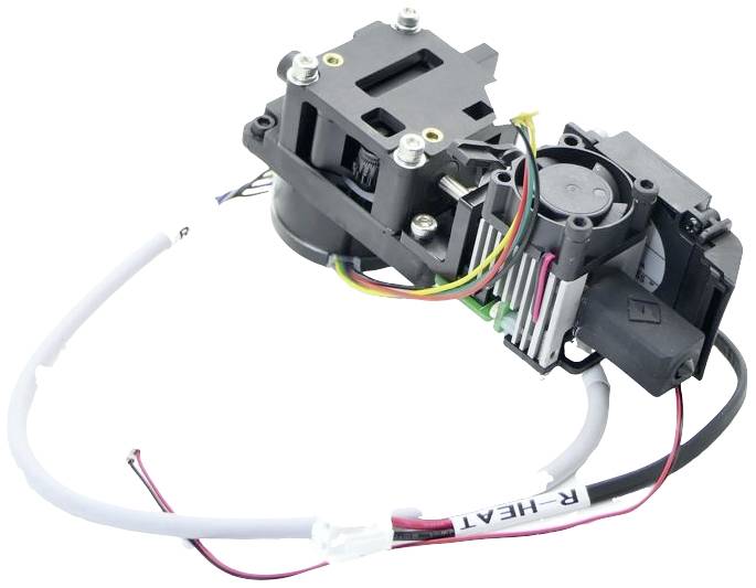 Ein Elektronikteilenmodul mit Lüfter und bunten Kabeln, verwendet in technischen Geräten zur Kühlung und Stromversorgung.