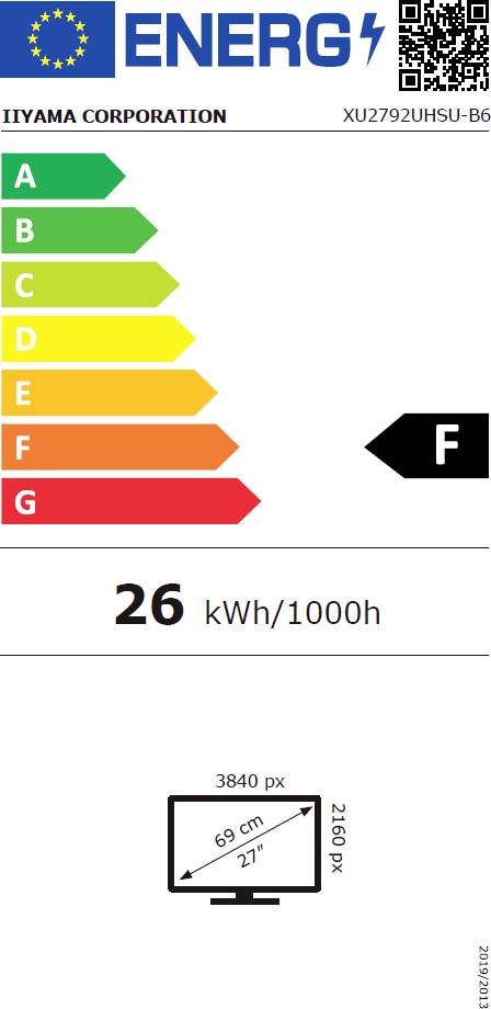 'EU Energieeffizienzklasse F' für Monitor Iiyama XU2792UHSU-B6, Energieverbrauch 26 kWh/1000h, Bildschirmgröße 69 cm (27 Zoll).