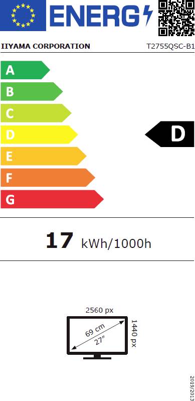 'ENERG' Label mit europäischem Logo, QR-Code, Energieeffizienzklasse 'D', Verbrauch von 17 kWh/1000h. Monitor 2560 px, 27 Zoll.