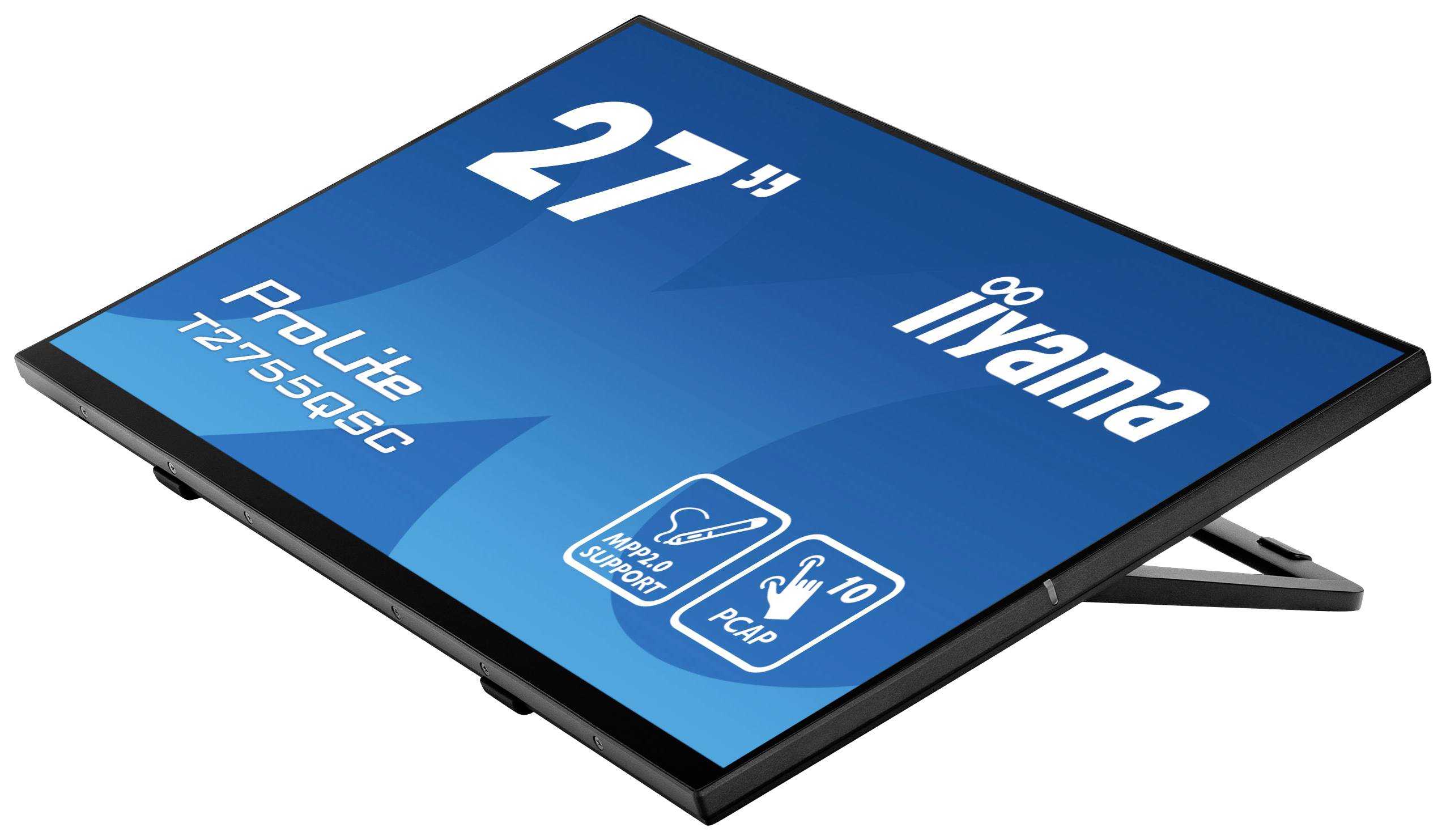 Flacher 27 Zoll Monitor von iiyama, Modell ProLite T2755MSC, mit Touchscreen-Funktion und Ständer.