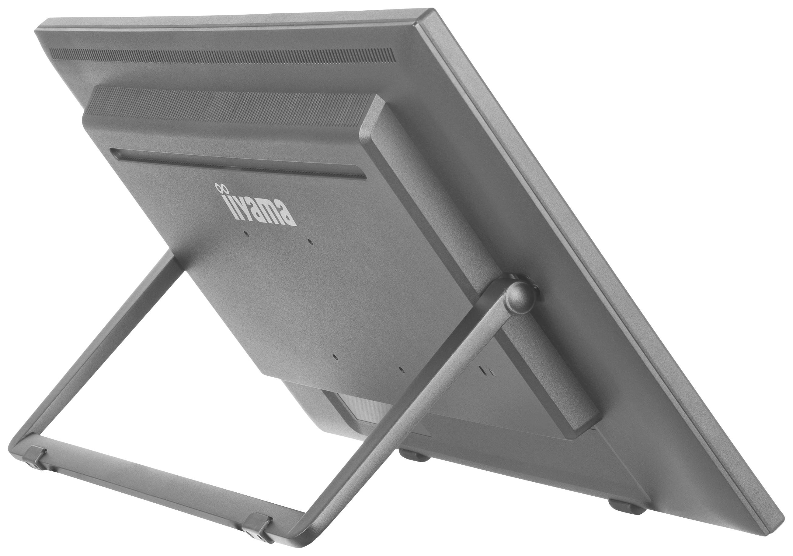 Ein Monitor von hinten mit Ständer, der Bildschirm ist leicht gekippt.