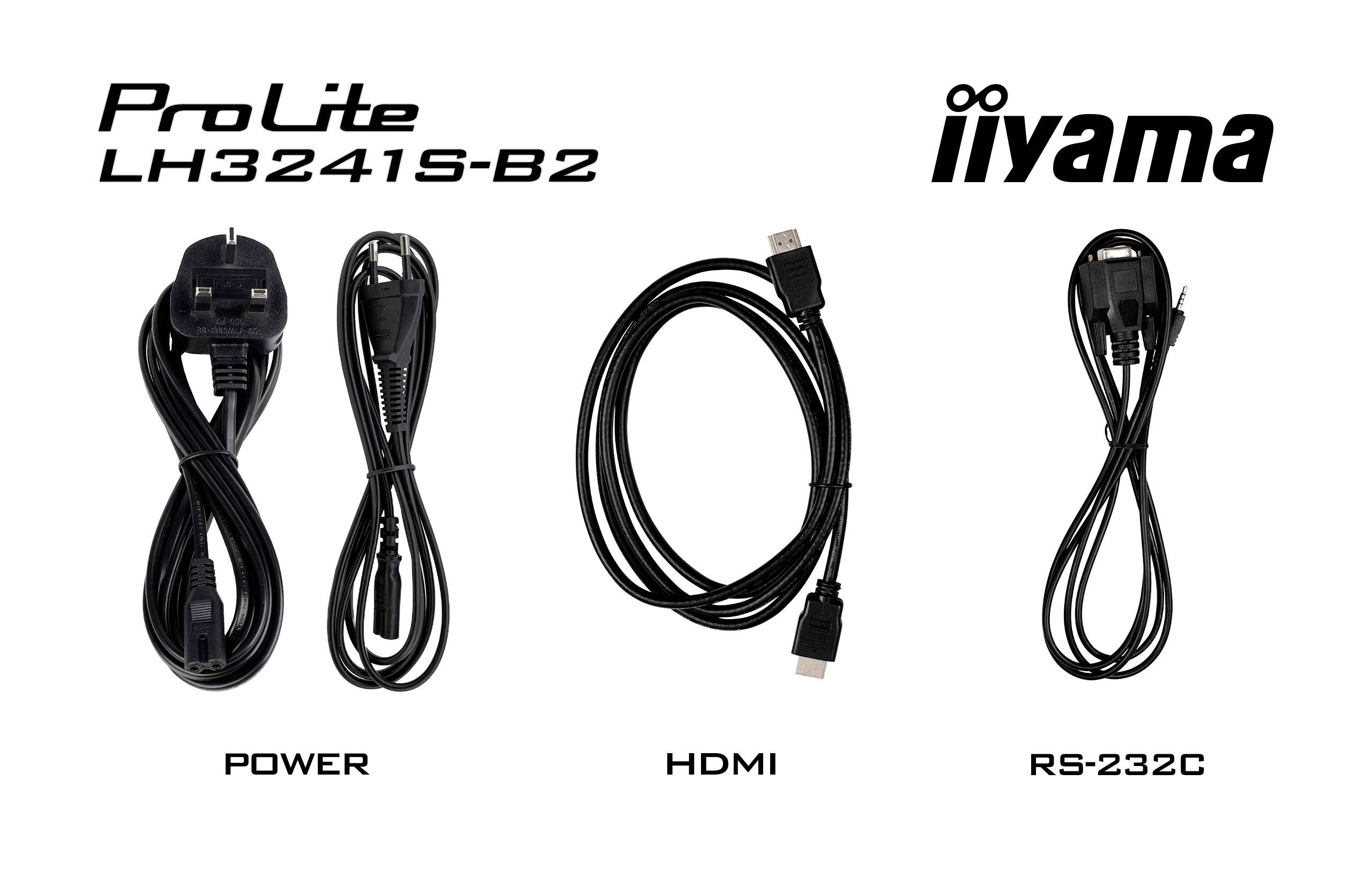 'ProLite LH3241S-B2 iiyama' Bildschirmzubehör: Stromkabel, HDMI-Kabel und RS-232C-Kabel.