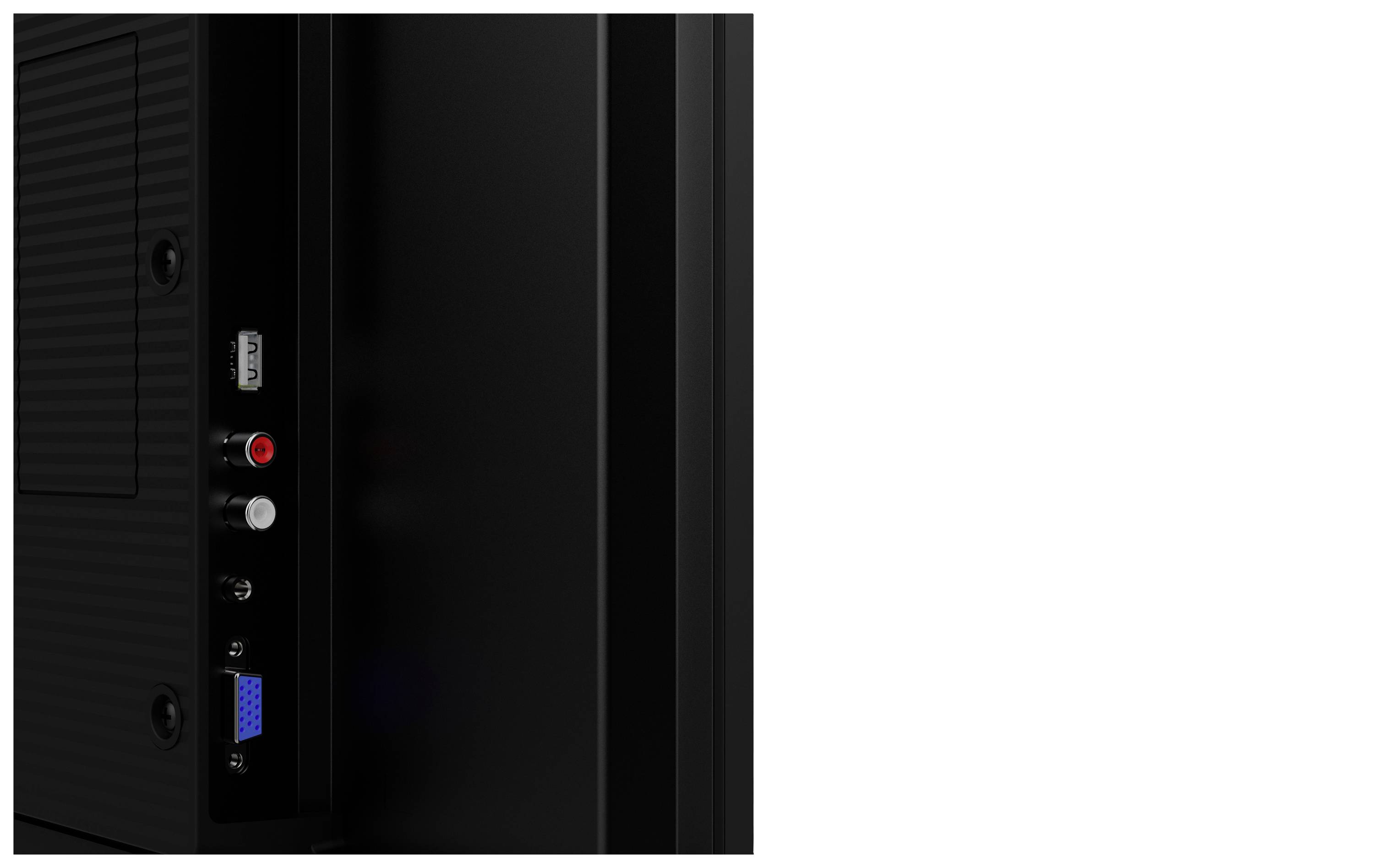 Rückseite eines Fernsehers mit verschiedenen Anschlüssen, darunter HDMI, Audio, USB und VGA.