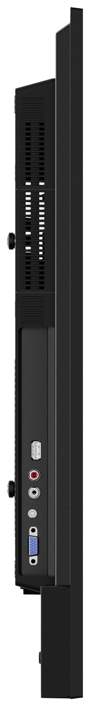 Seitliche Ansicht eines schwarzen Flachbildmonitors mit mehreren Anschlüssen, darunter USB, VGA und Audiobuchsen.