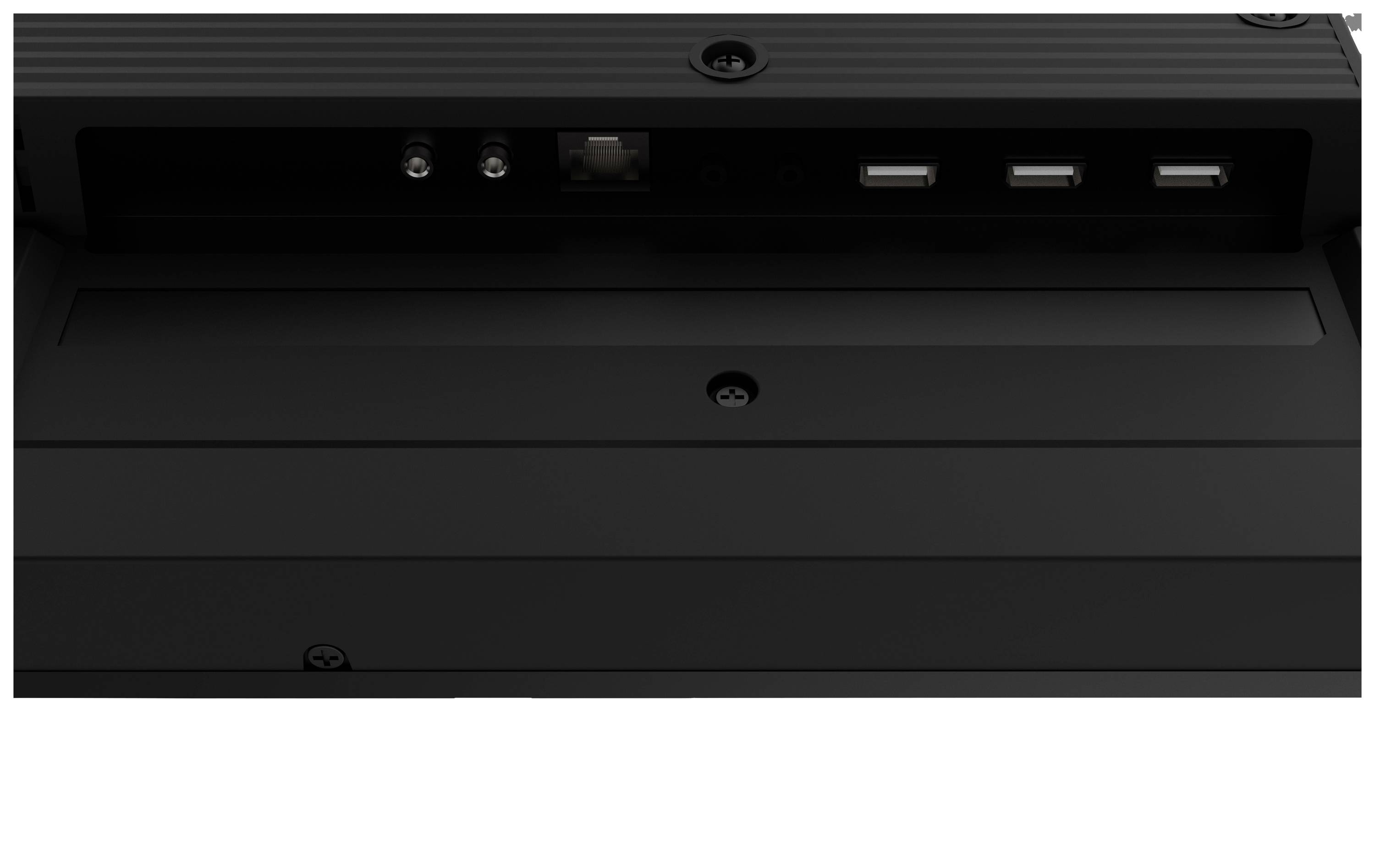 Schwarzes elektronisches Gerät mit mehreren Anschlüssen, darunter Ethernet, USB und Audiobuchsen. Rückansicht mit horizontalem Layout.