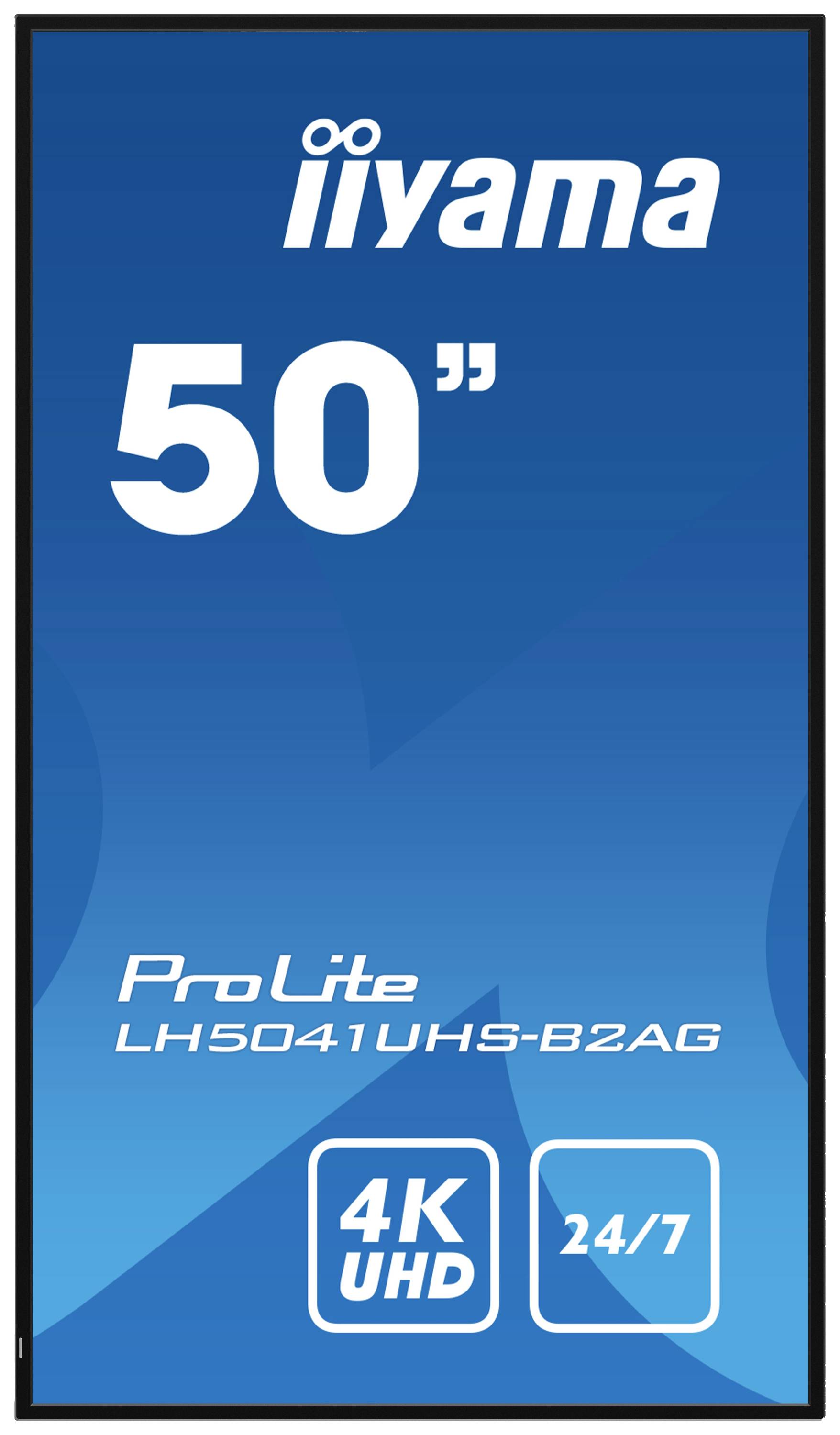 Ein 50-Zoll-Bildschirm von iiyama, Modell ProLite LH5041UHS-B2AG, mit 4K-UHD-Auflösung, geeignet für 24/7 Betrieb.