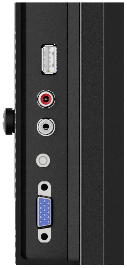 Nahaufnahme eines Computergehäuses mit Anschlüssen: USB, zwei Audioanschlüsse, VGA-Anschluss. Geeignet für externe Geräte.