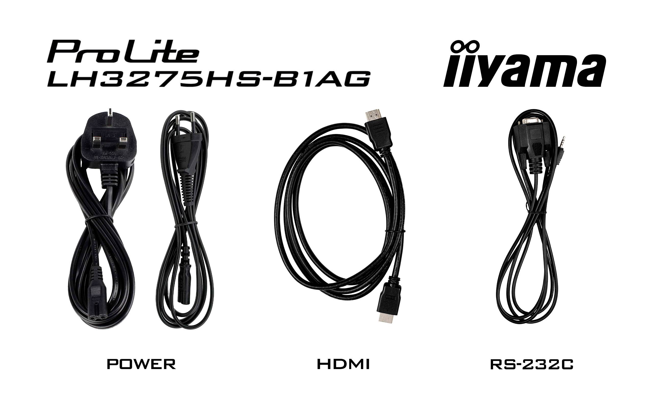 Drei Kabel für den iiyama ProLite LH3275HS-B1AG: Stromkabel, HDMI-Kabel und RS-232C-Kabel.