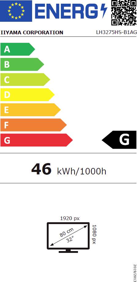 Energieeffizienzklasse G, Verbrauch: 46 kWh/1000h. Bildschirmgröße: 80 cm (32 Zoll), Auflösung: 1920x1080 px.