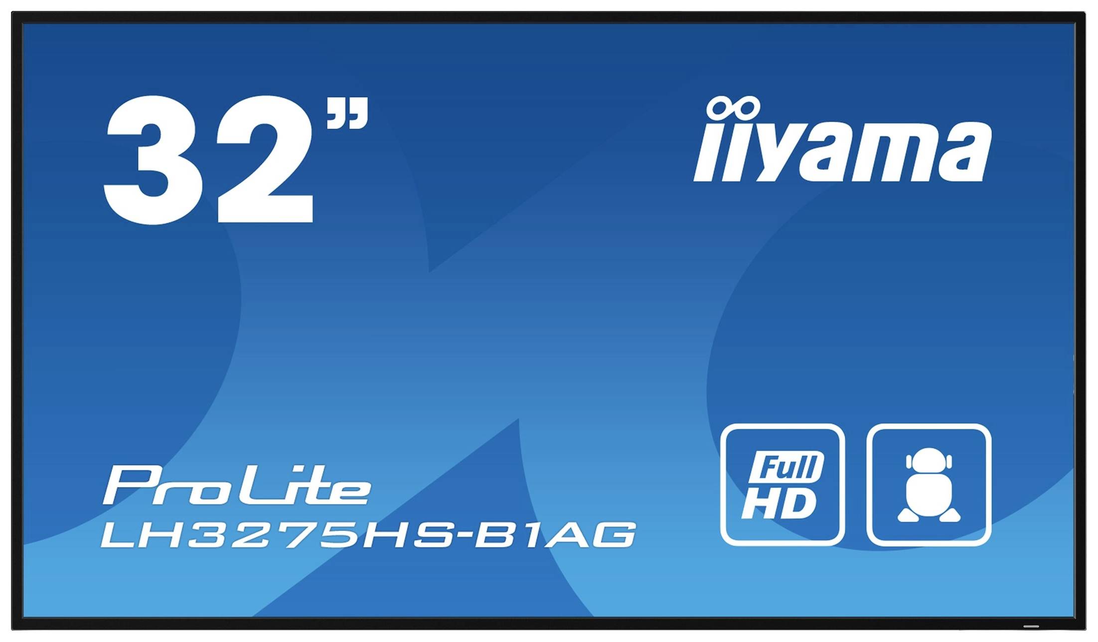 32-Zoll-Bildschirm mit iiyama-Logo. Beschriftet mit 'ProLite LH3275HS-B1AG'. Symbole für Full HD und Lautsprecher rechts unten.