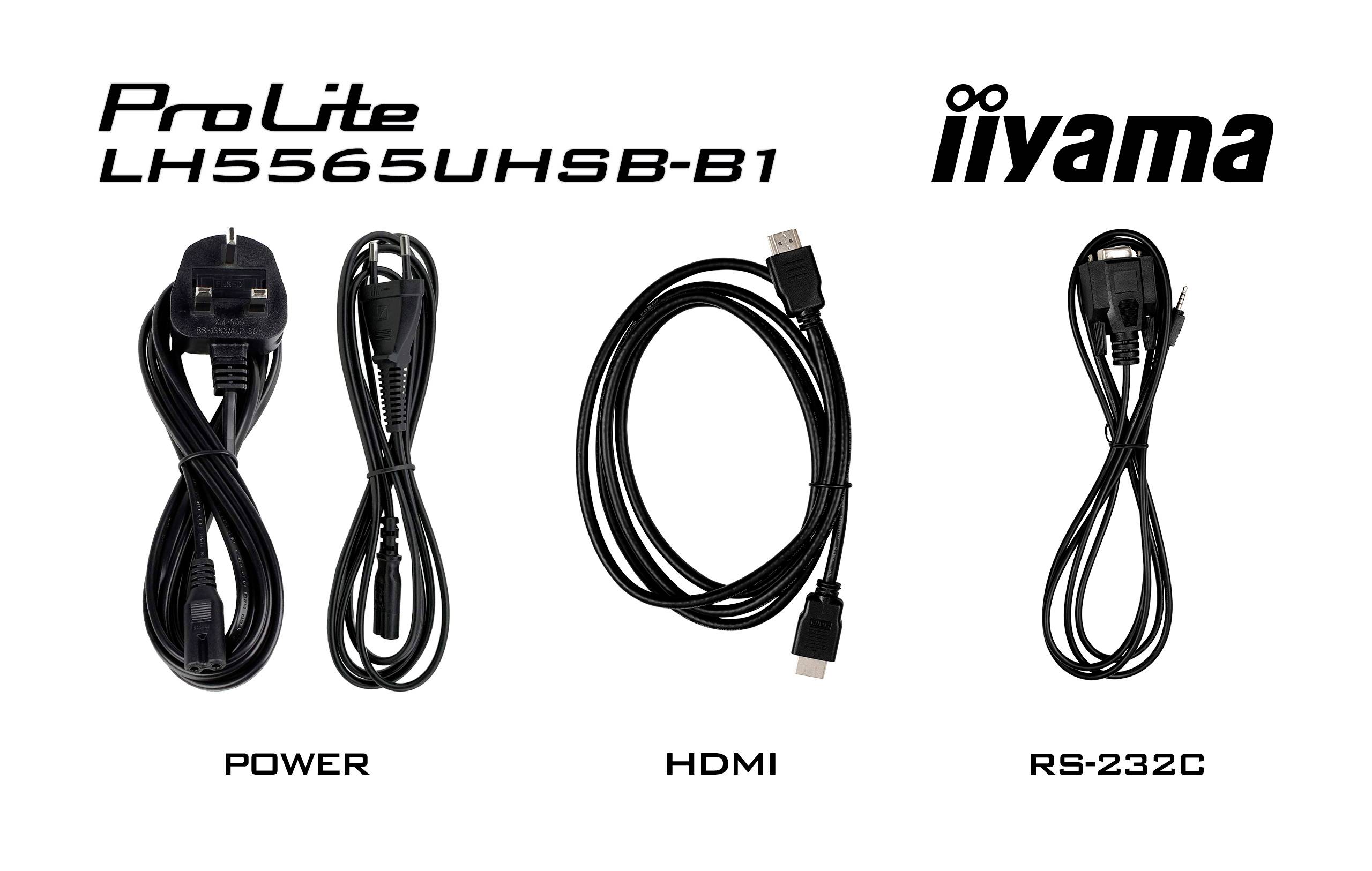 'ProLite LH5565UHSB-B1' Zubehör: Power-Kabel, HDMI-Kabel, RS-232C-Kabel, iiyama-Logo oben rechts.