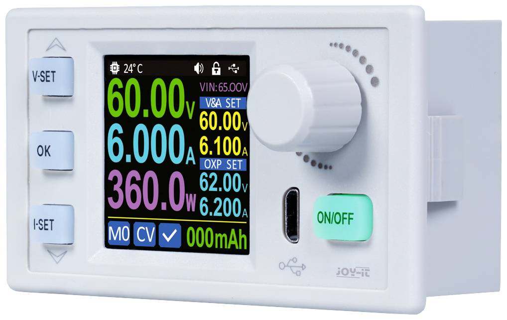 Mehrfarbiges digitales Display eines Spannungsreglers. Zeigt Spannungs-, Strom- und Leistungswerte an. Steuerknopf und Bedientasten rechts.