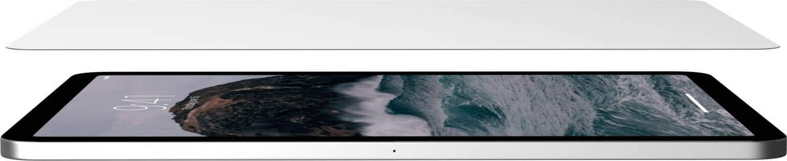 Tablet von der Seite, zeigt einen Ozeanbildschirm. Dünnes, elegantes Design, mit Fokus auf Display und Form.