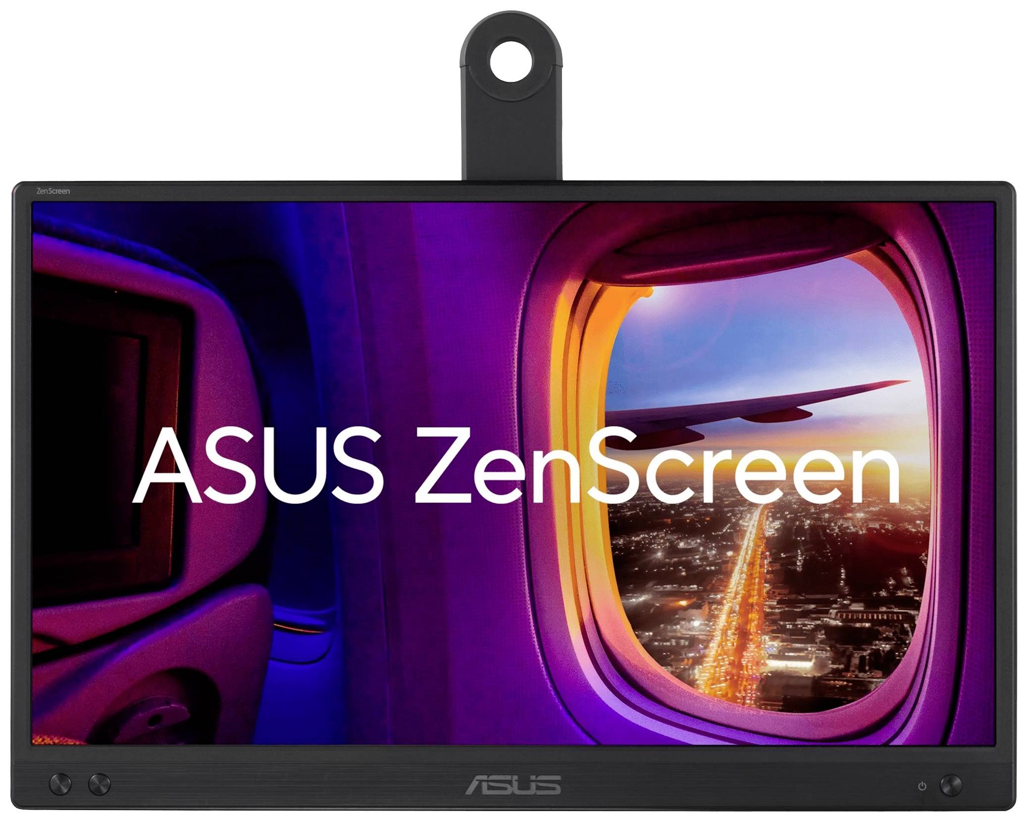 Ein ASUS ZenScreen zeigt ein Flugzeugfenster bei Sonnenuntergang mit Blick auf eine Stadt. Der Text 'ASUS ZenScreen' ist sichtbar.