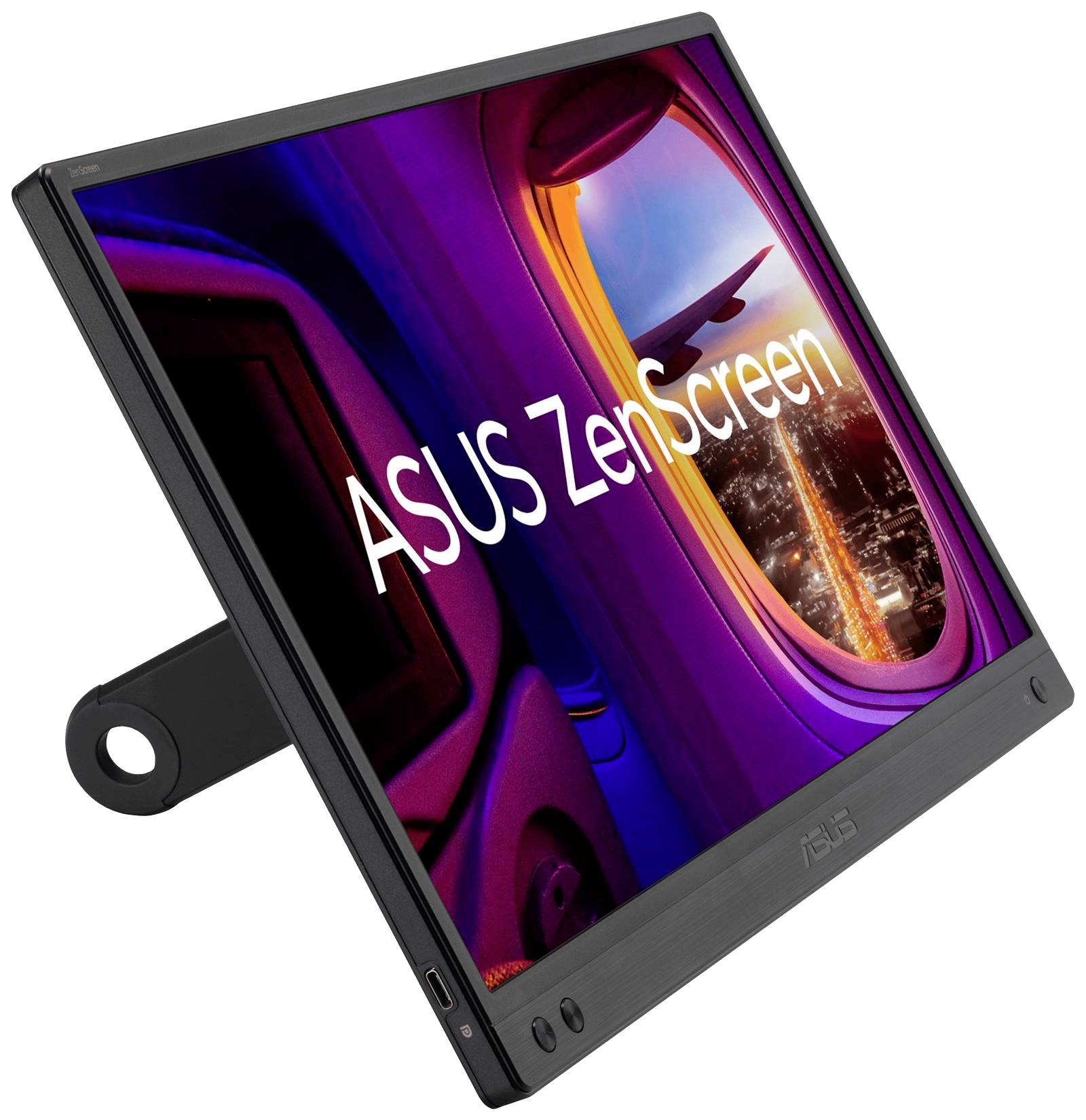 Ein tragbarer Monitor mit der Aufschrift 'ASUS ZenScreen', zeigt ein Fenster mit Ausblick auf den Flügel eines Flugzeugs.