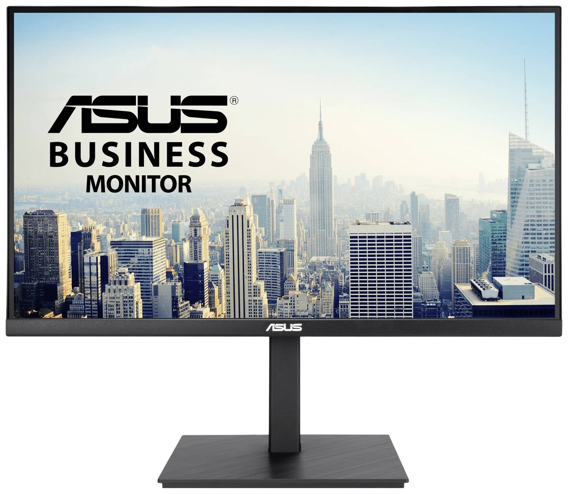 Monitor mit Stadtansicht von New York auf dem Bildschirm und 'ASUS Business Monitor' Schriftzug.