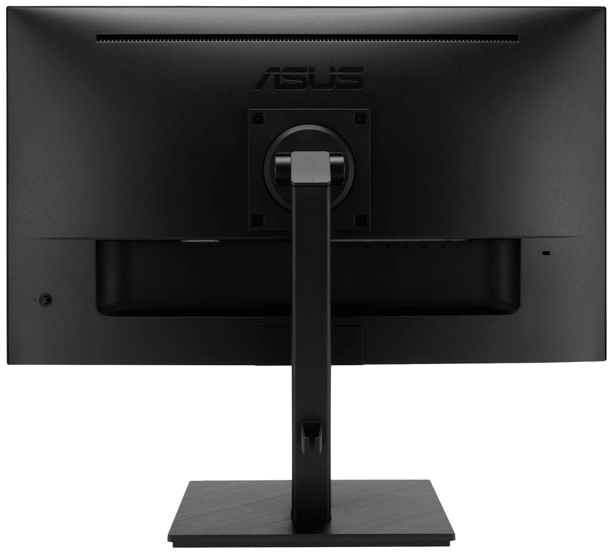 Hinteransicht eines schwarzen Monitors auf einem rechteckigen Standfuß, mit zentralem Scharnier zur Höhenverstellung.