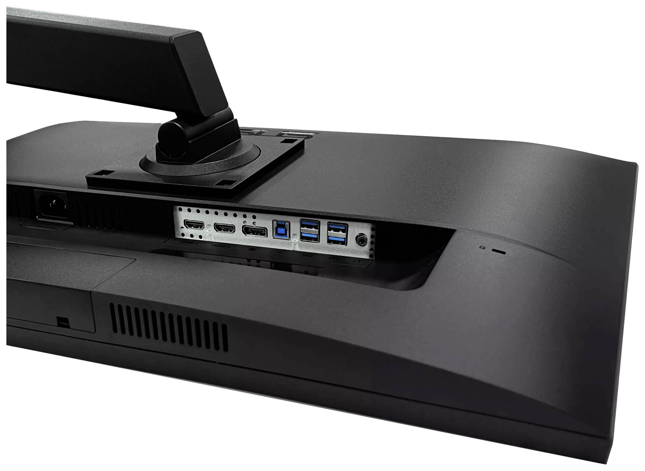 Die Rückseite eines Computermonitors mit mehreren Anschlussmöglichkeiten wie HDMI, DisplayPort und USB-Anschlüssen.