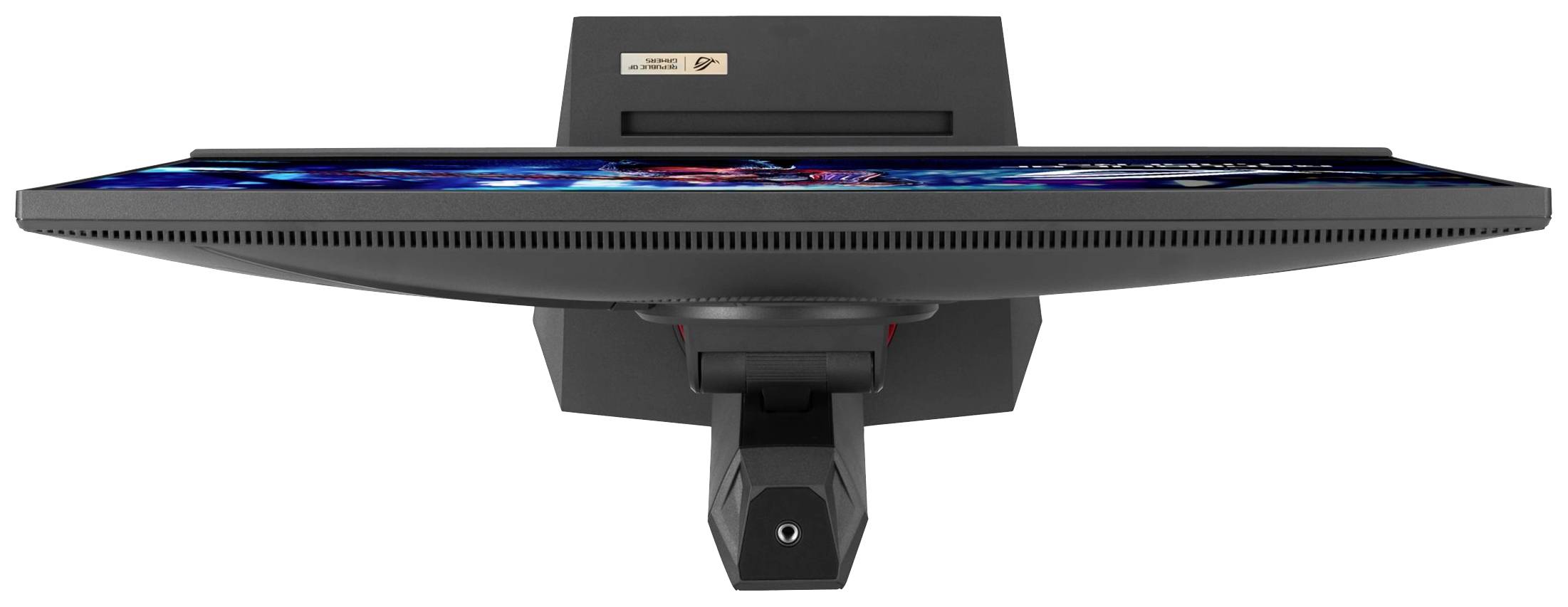 Ein schwarzer Computerbildschirm von oben gesehen, leicht geneigt. Das Display zeigt lebendige Farbdarstellungen.