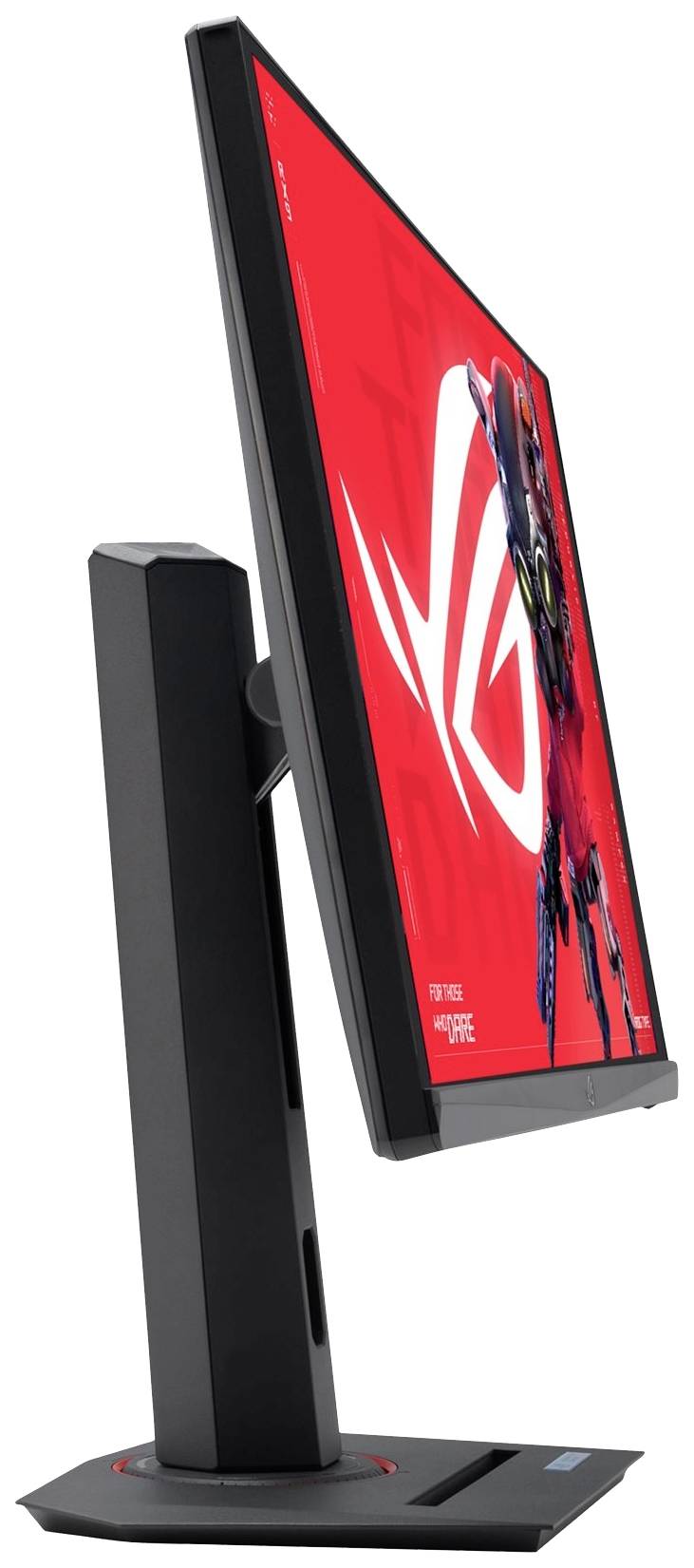 Ein schwarzer Computerbildschirm mit rotem Hintergrund zeigt ein futuristisches Roboterbild. Der Monitor ist seitlich abgebildet.