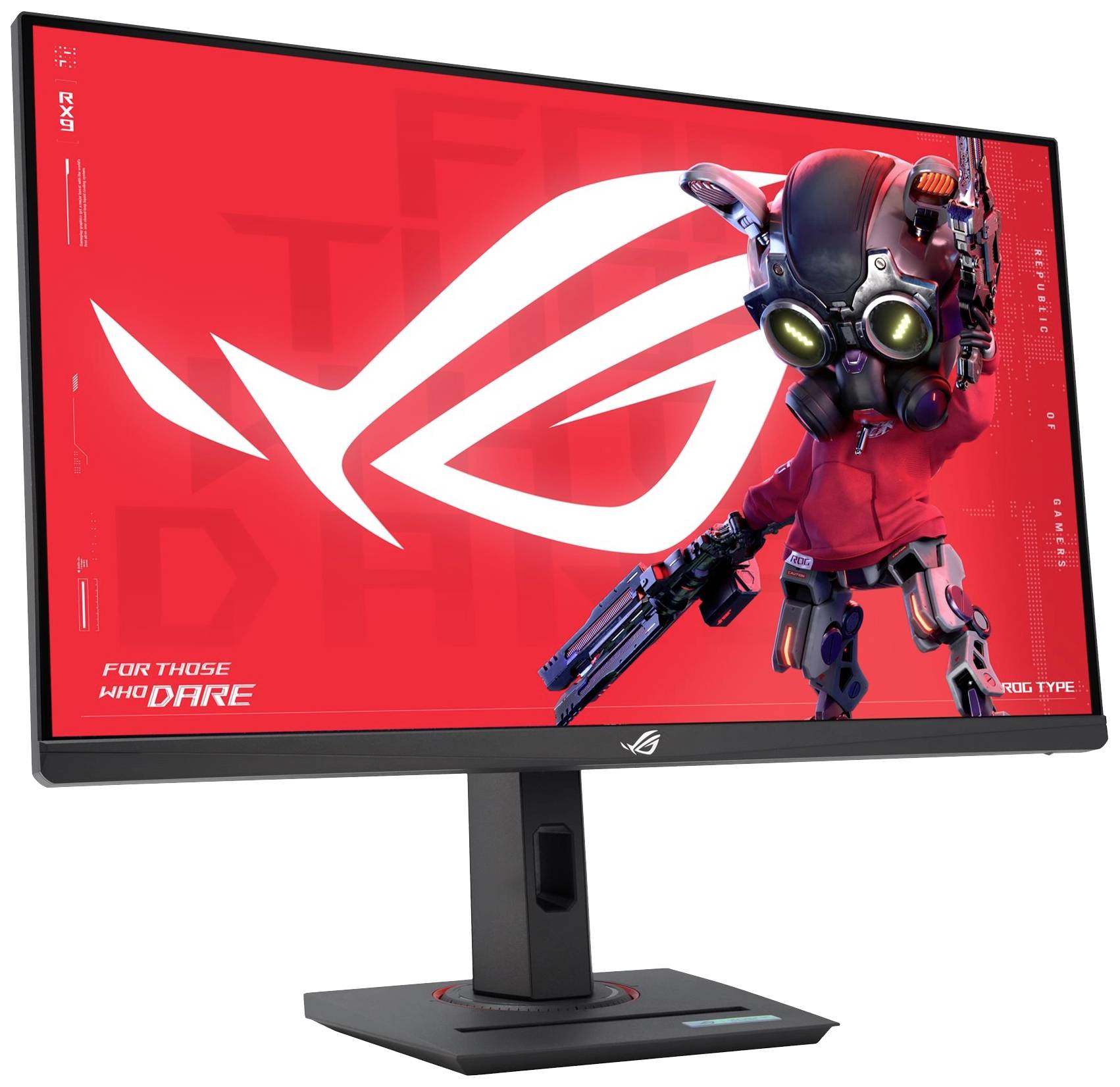 Ein Gaming-Monitor mit einem futuristischen Roboter vor einem roten Hintergrund, das Logo von ROG links.