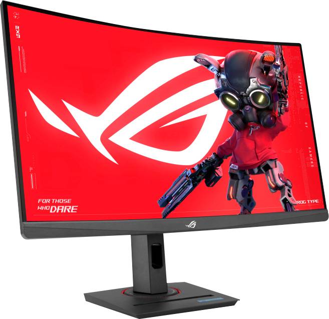Ein gebogener Gaming-Monitor, der das Republic of Gamers-Logo und eine Roboterfigur zeigt, vor einem leuchtend roten Hintergrund.