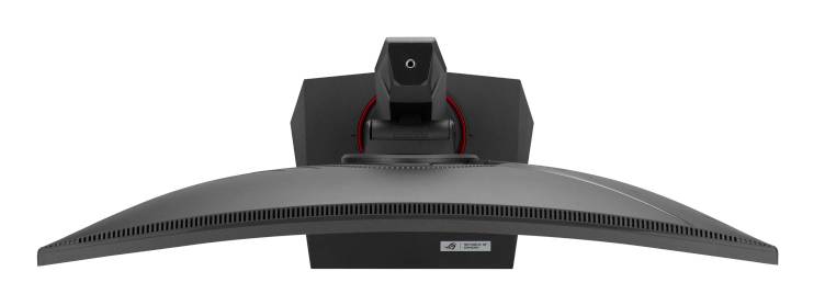 Ein gebogener Computermonitor von oben gesehen, zeigt eine belüftete Rückseite und Einstellmechanismen, geeignet für Gaming oder Büro.