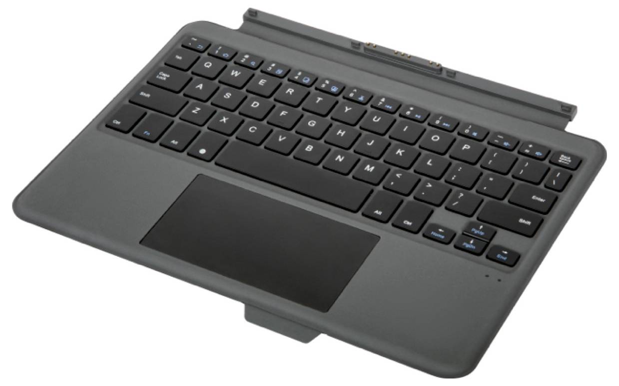 Eine schwarze Tastatur mit Trackpad, entworfen als abnehmbares Zubehör für Tablets. Enthält vollständiges QWERTZ-Layout und Funktionstasten.