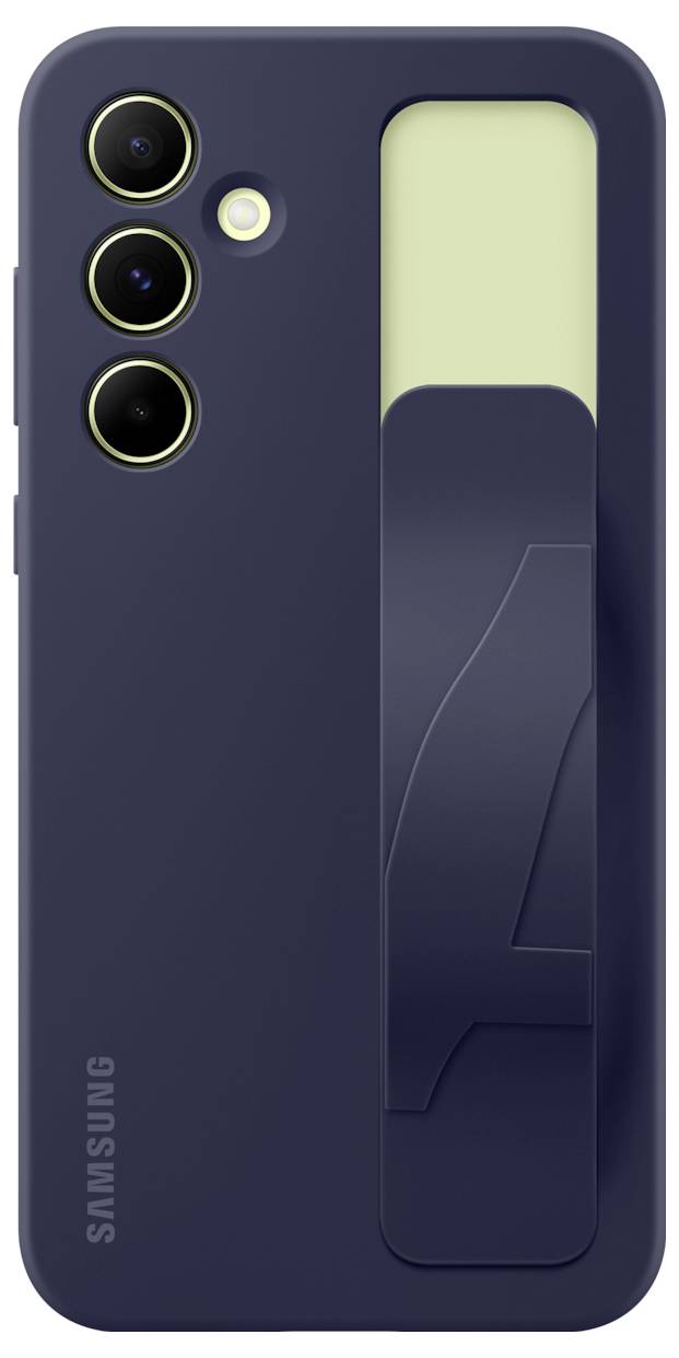 Eine dunkelblaue Samsung-Handyhülle mit drei Kameraausschnitten und einem gelben rechteckigen Element sowie einer Halterung auf der Rückseite.