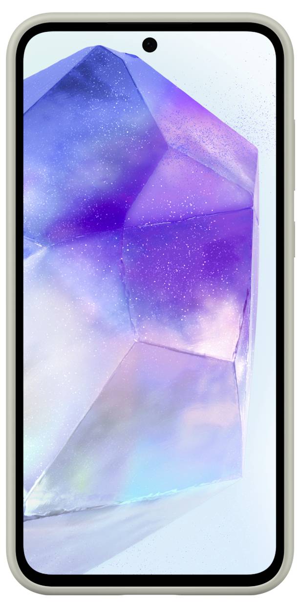 Ein Smartphone mit einem Display, das ein abstraktes, kristallähnliches Design mit blauen und violetten Farbtönen zeigt.