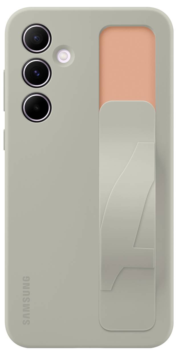 Ein Smartphone in einer grün-grauen Hülle mit drei Kameralinsen und einem modernen, minimalistischen Design.