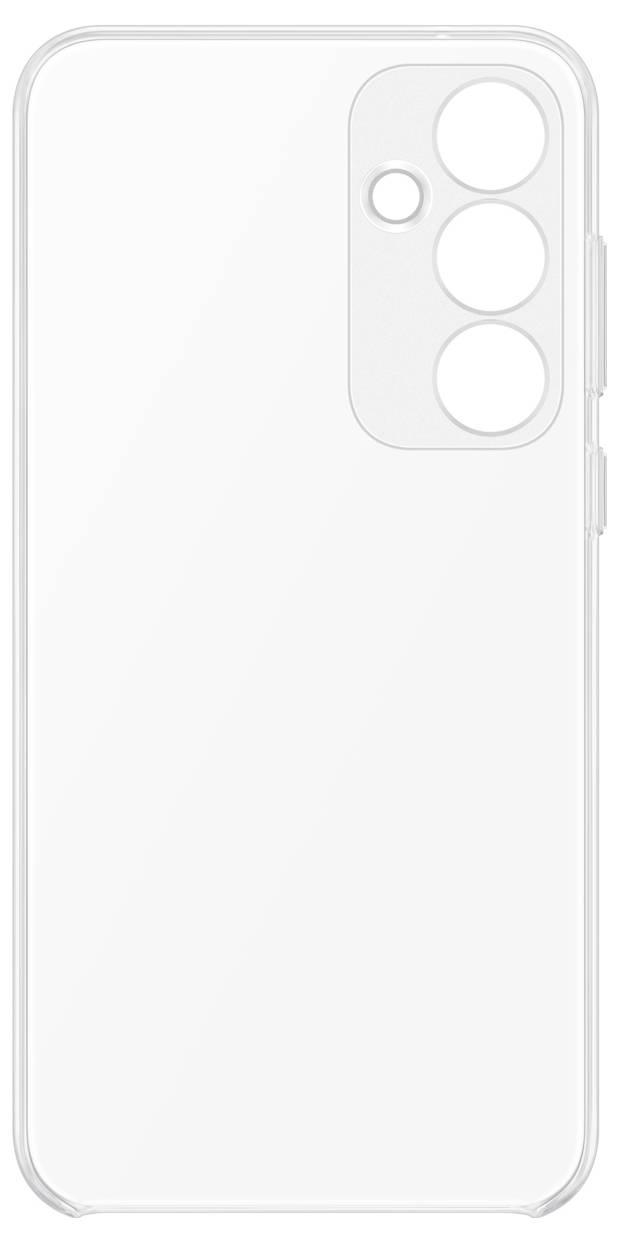 Durchsichtige Handyhülle mit Aussparungen für Kamera, Blitz und Tasten, passend für ein Smartphone-Modell mit drei Kameralinsen.