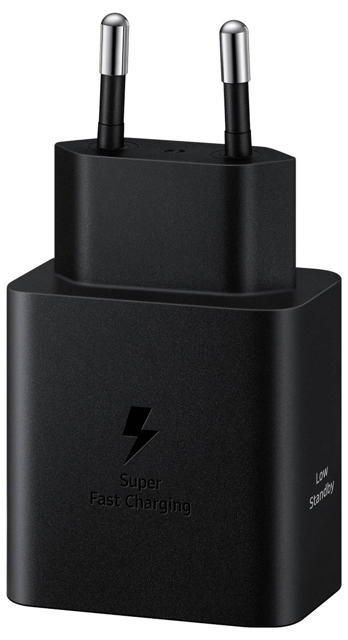 Schwarzes Ladegerät mit zwei Steckdosenstiften. Aufschrift: 'Super Fast Charging'.