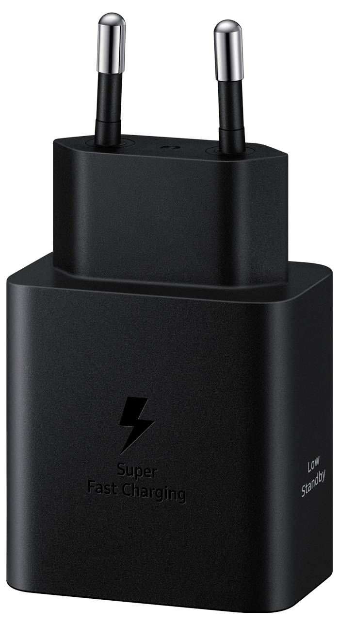 Schwarzes Ladegerät mit der Aufschrift 'Super Fast Charging'. Zwei Pins oben für Steckdosenanschluss.