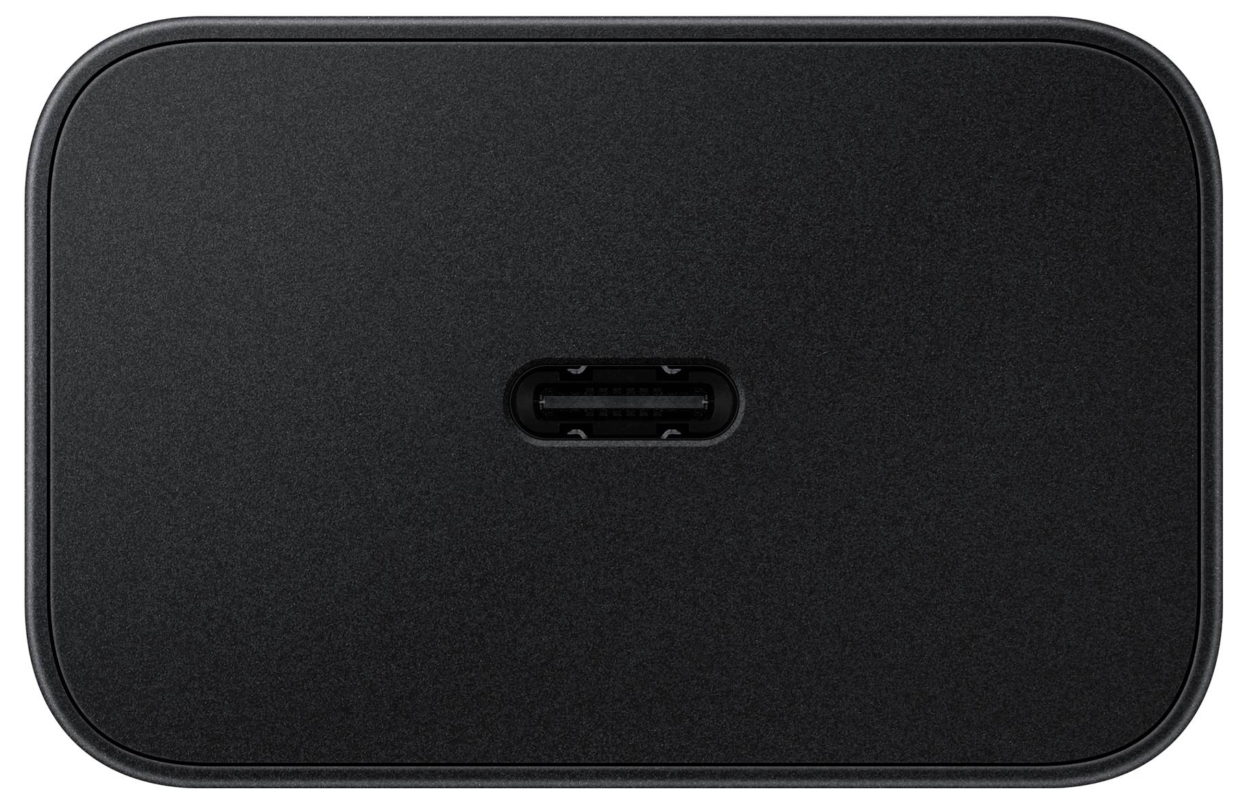 Eine schwarze, rechteckige kabellose Ladestation mit einem USB-C-Anschluss in der Mitte.
