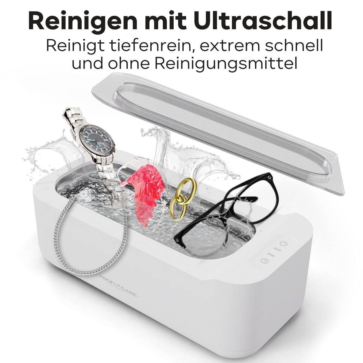 Ultraschallreinigungsgerät mit Schmuck, Uhr und Brille im Wasser. Text: 'Reinigen mit Ultraschall - Reinigt tiefer, schnell und ohne Reinigungsmittel'.