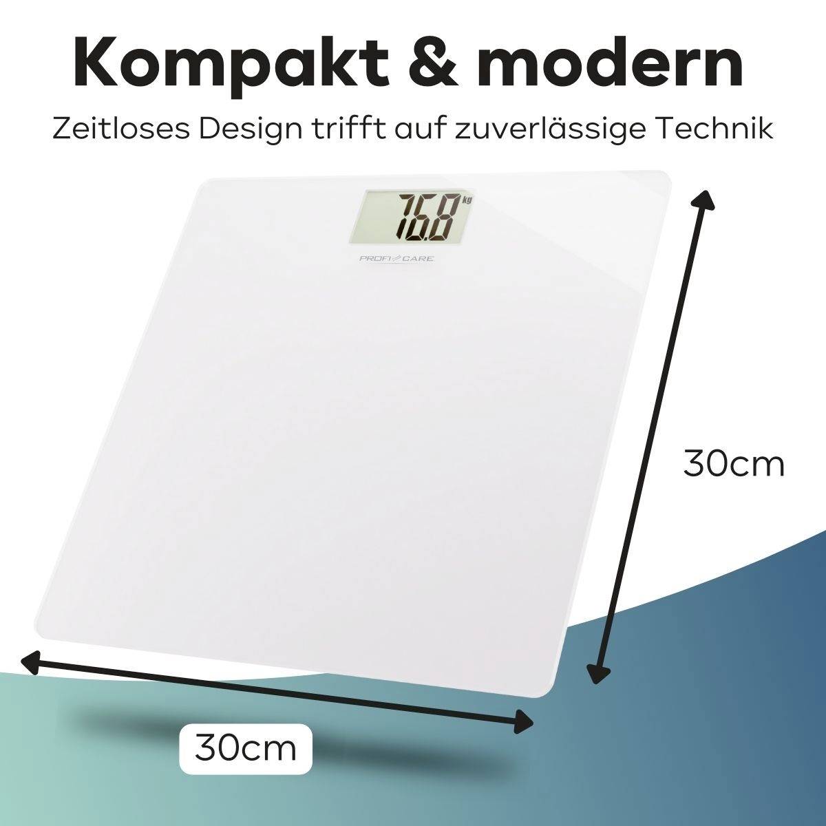 Eine weiße, quadratische Personenwaage mit digitalem Display, zeigt '76.0'. Maße: 30x30 cm. Text: 'Kompakt & modern, Zeitloses Design trifft auf zuverlässige Technik'.