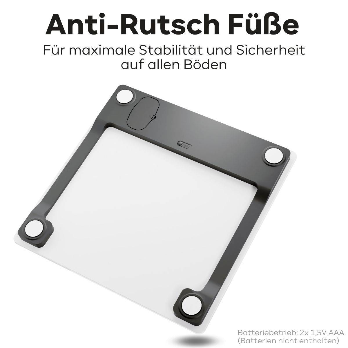 Anti-Rutsch Füße an einem quadratischen Gerät für Stabilität auf Böden. Batteriebetrieb: 2x 1,5V AAA (Batterien nicht enthalten).