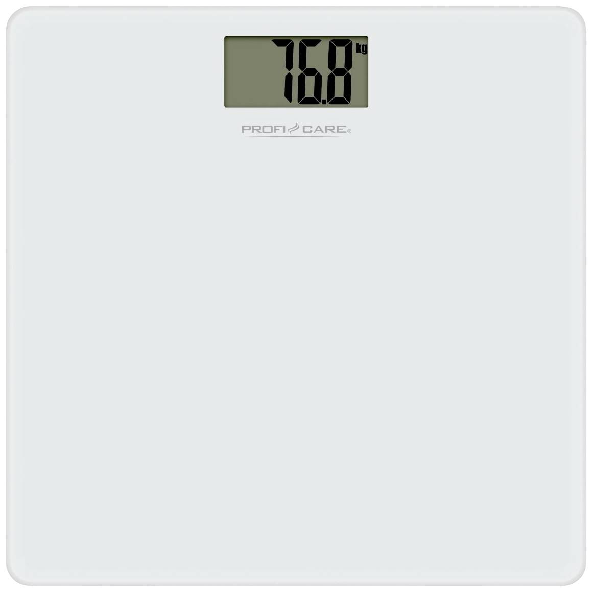 Digitale Personenwaage mit Anzeige '76,8 kg'. Helles, minimalistisches Design. Markenname 'PROFI CARE' unter der Anzeige.
