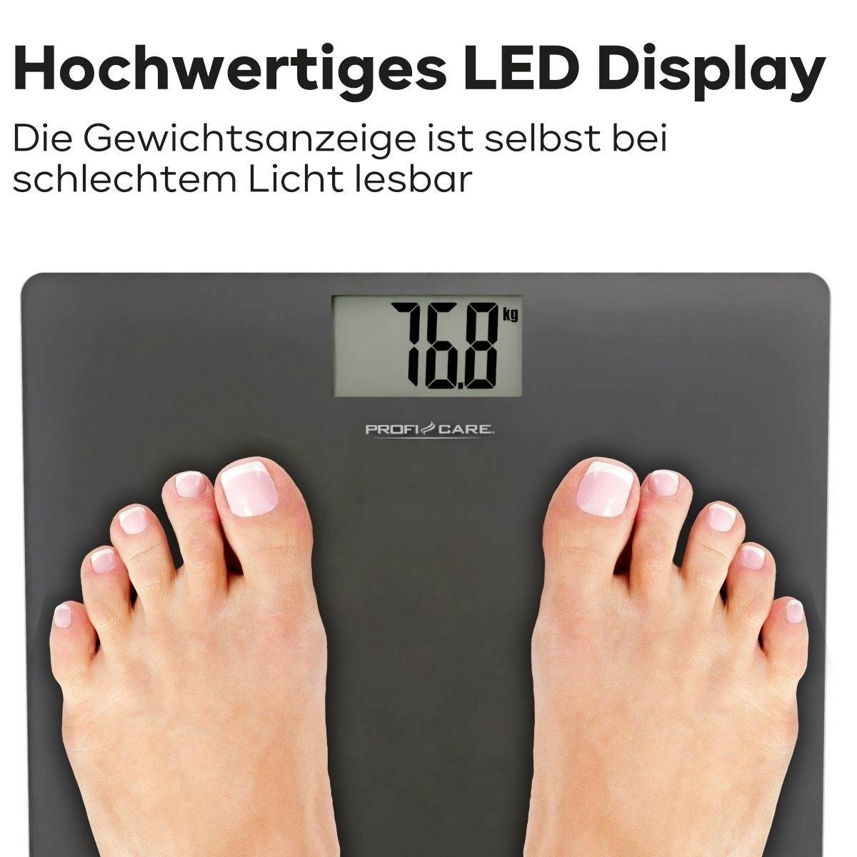 Ein Fußpaar steht auf einer digitalen Waage, die 76,0 kg anzeigt. Oben steht 'Hochwertiges LED Display', darunter eine Beschreibung zur Lesbarkeit.