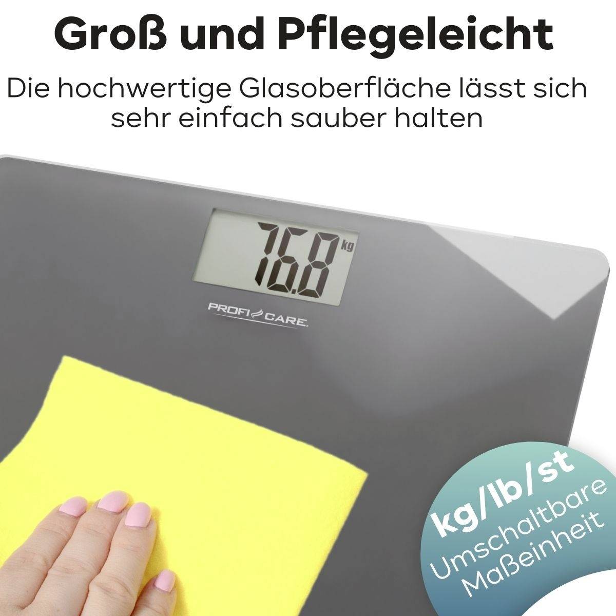 Digitale Waage mit 7,6 kg Anzeige auf Bildschirm, Text: Groß und Pflegeleicht, kg/lb/st umschaltbare Maßeinheit.