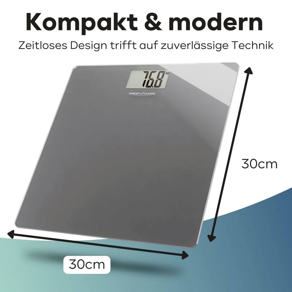 Graue quadratische Waage mit digitalem Display zeigt '76,0'. Text oben: 'Kompakt & modern'. Größe: 30 cm x 30 cm.