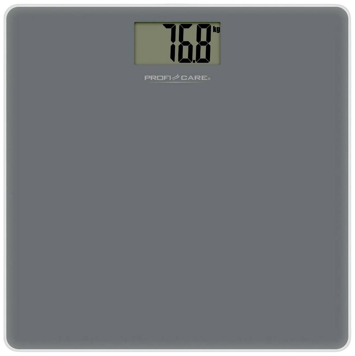 Digitale Personenwaage zeigt '76,8 kg' an. Graue Oberfläche mit kleinem Display oben.