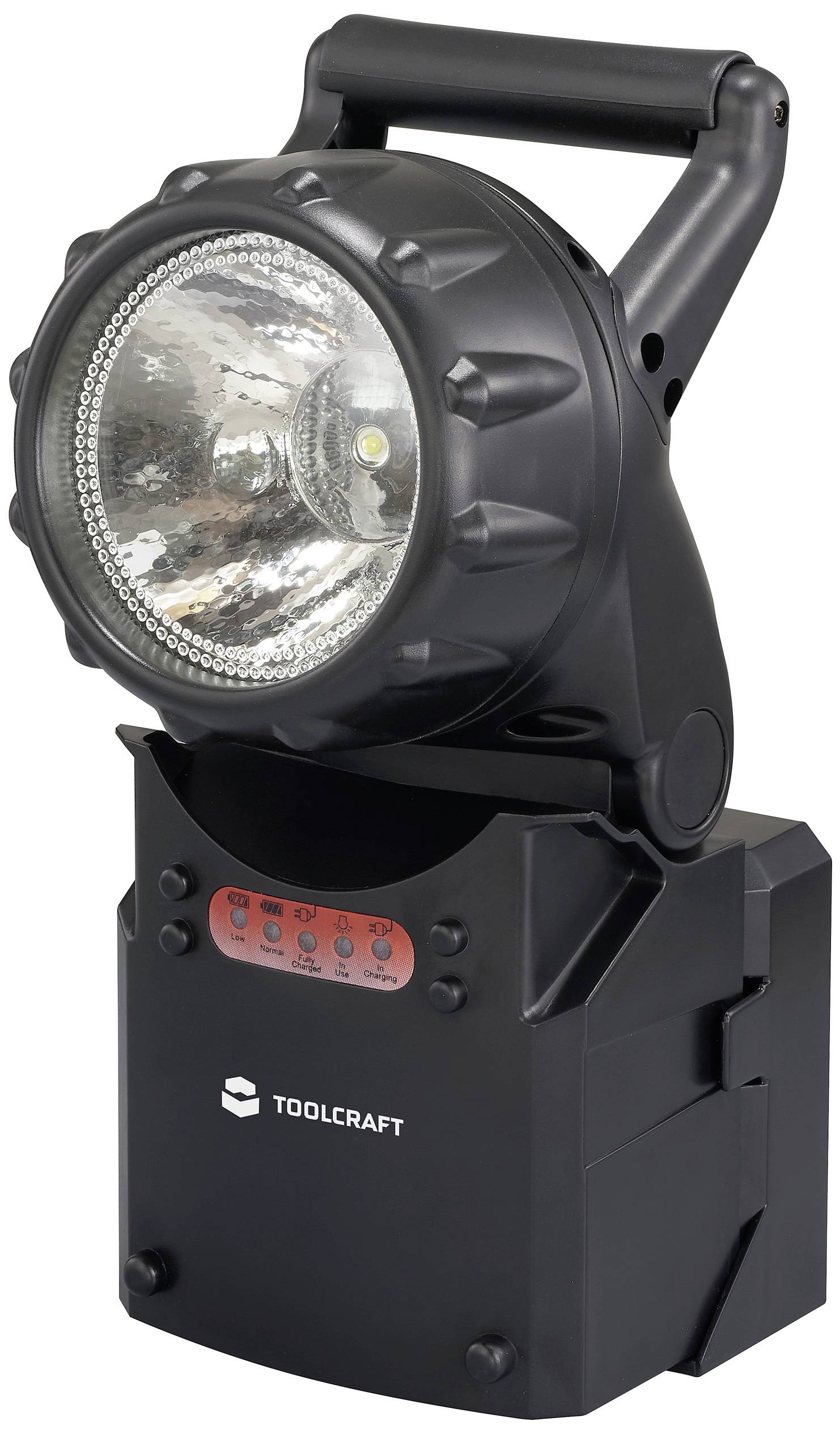 Tragbarer, schwarzer LED-Strahler von TOOLCRAFT mit großem runden Reflektor und Griff. Ideal für Outdoor-Einsätze.