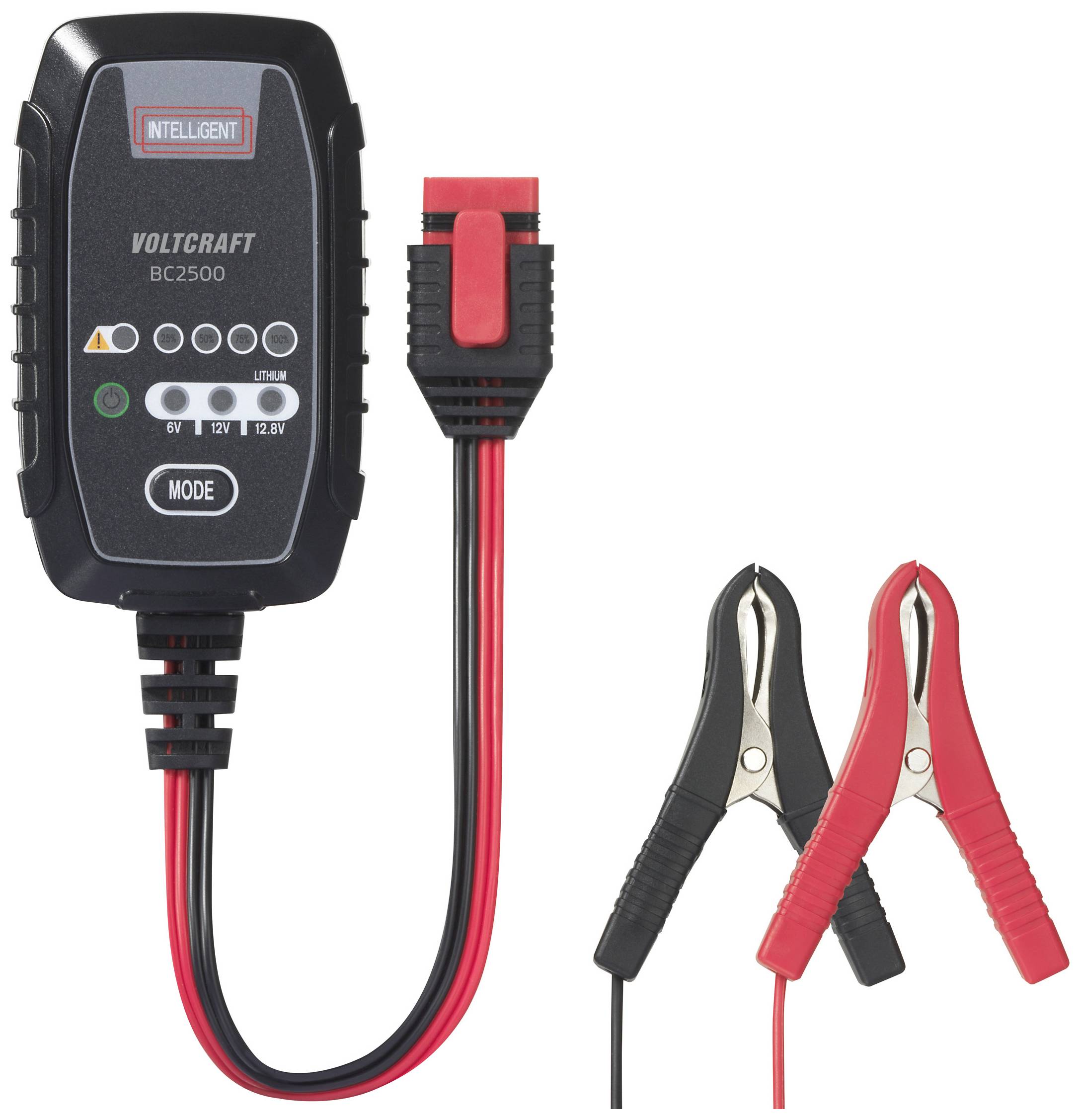 Automatik Batterieladegerät mit Display und Kabeln. Zwei Klemmen in Rot und Schwarz für den Anschluss an die Batterie.